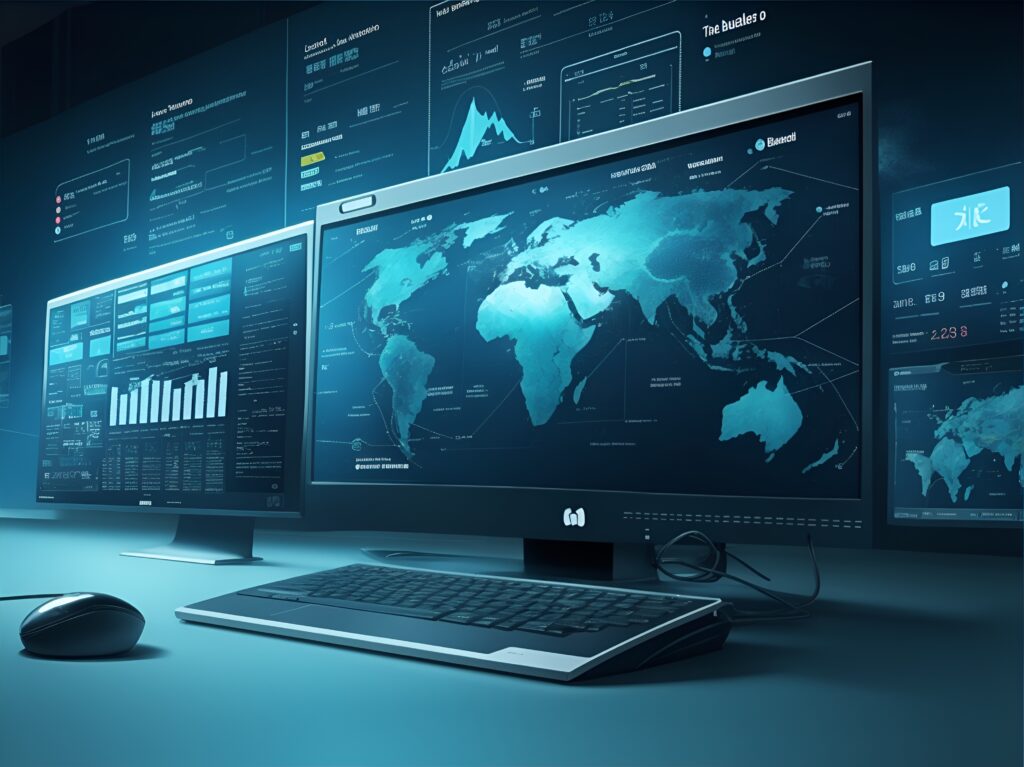 Telas exibindo gráficos tecnológicos e análises digitais, representando a transformação digital nas empresas.