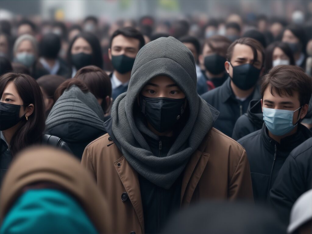 Multidão em movimento com uma pessoa usando máscara, parada no meio, simbolizando a autenticidade e individualidade na era das redes sociais.