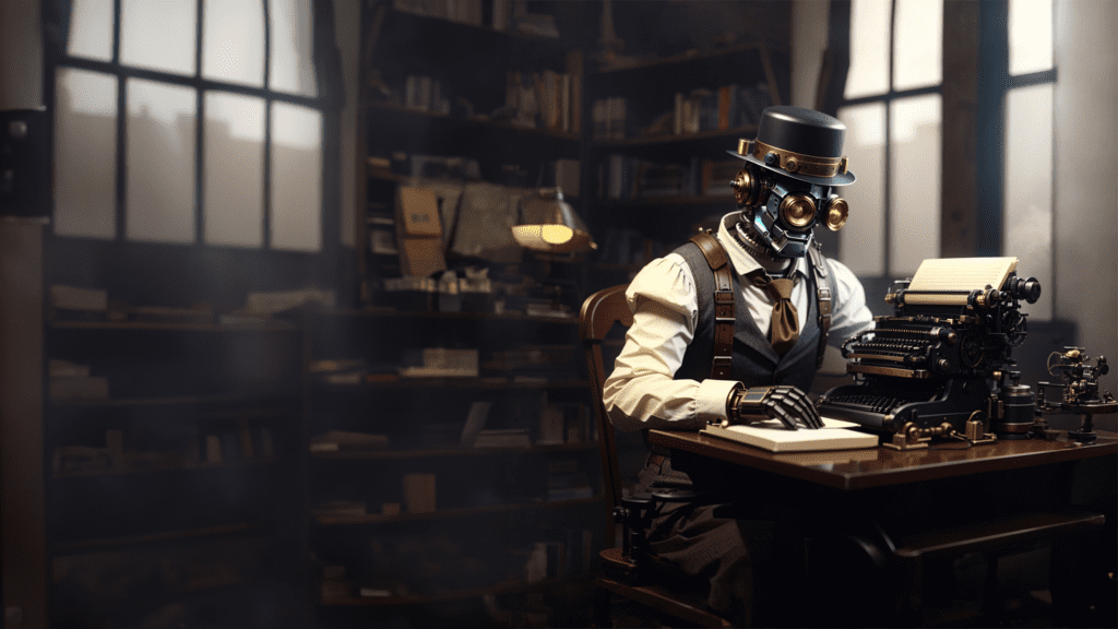 "Robô steampunk realista escrevendo um livro com uma máquina de escrever vintage, representando a capacidade de detectar textos de IA