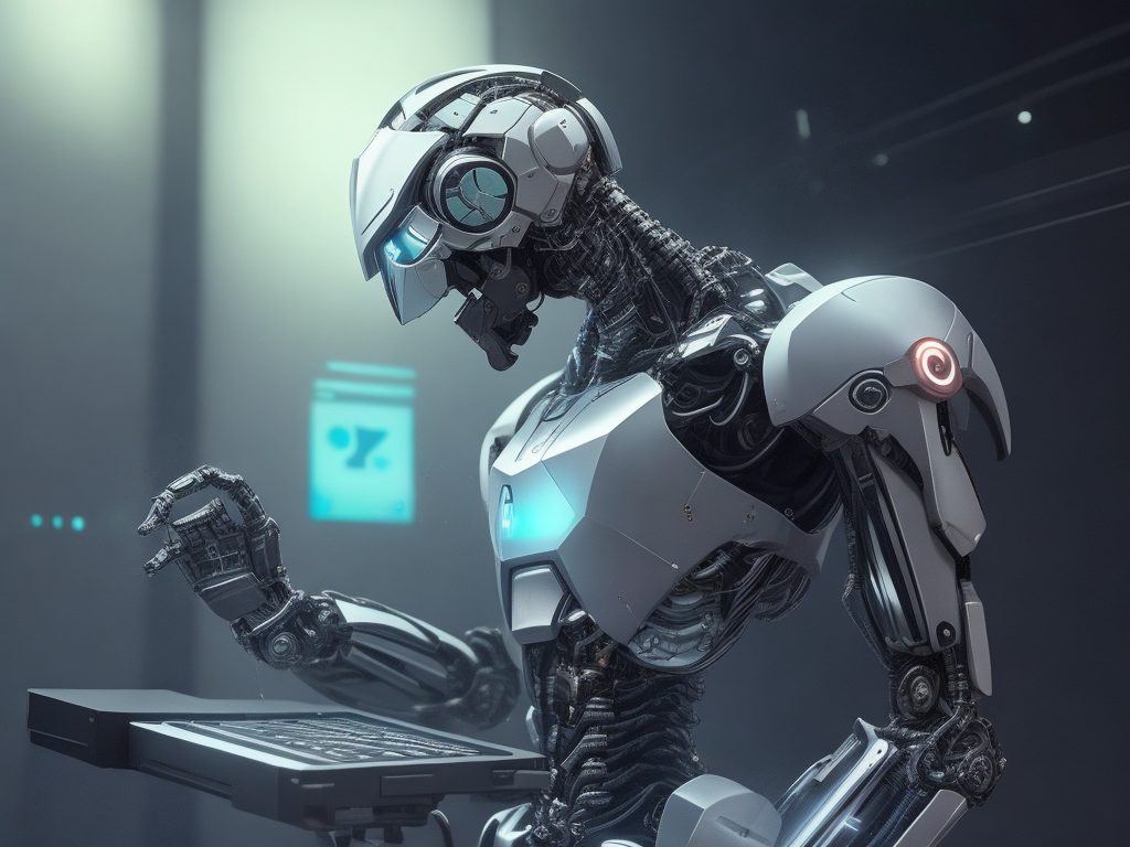 Ilustração de um robô, criado por Inteligência Artificial, utilizando um computador futurista, simbolizando a integração e o avanço da IA na tecnologia moderna.