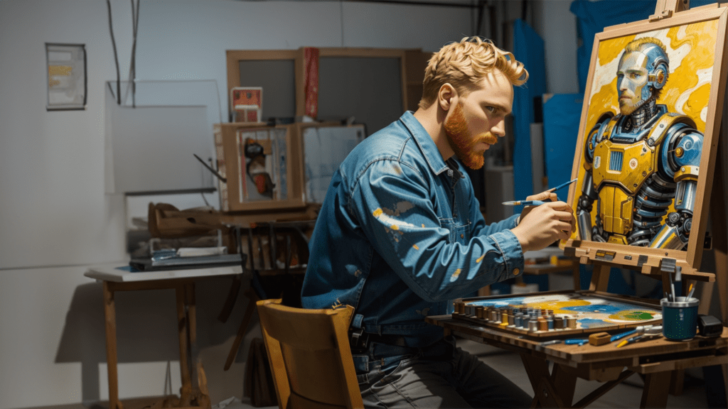 Uma imagem de um pintor criando uma interpretação robótica de Van Gogh. Isso faz com que IA seja arte?